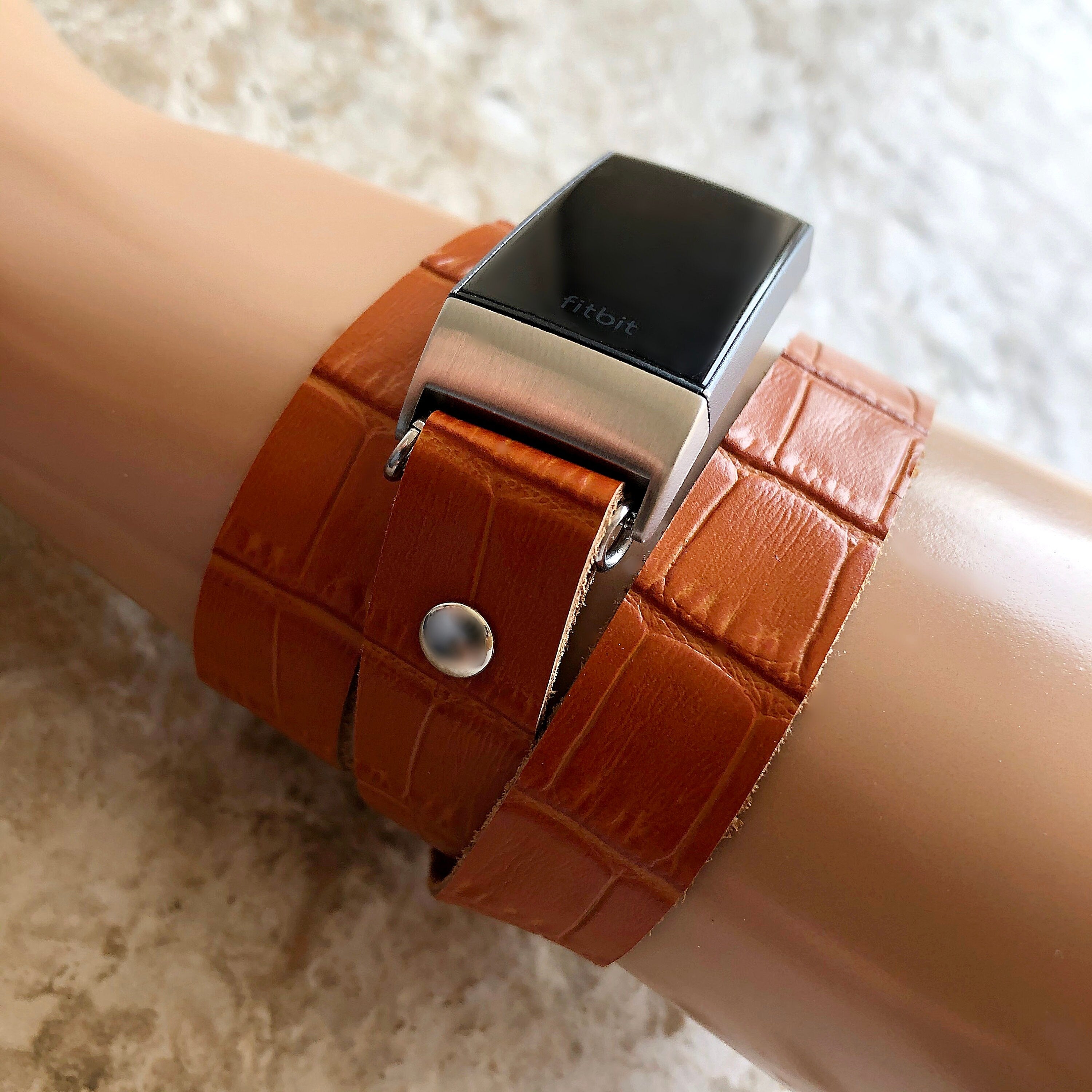 Fitbit Charge 6 5 4 3 2 Fitness Tracker Brown Crocodile Alligator Pattern Embossed Leather Bracelet Band Triple Wrap Around Wrist Strap